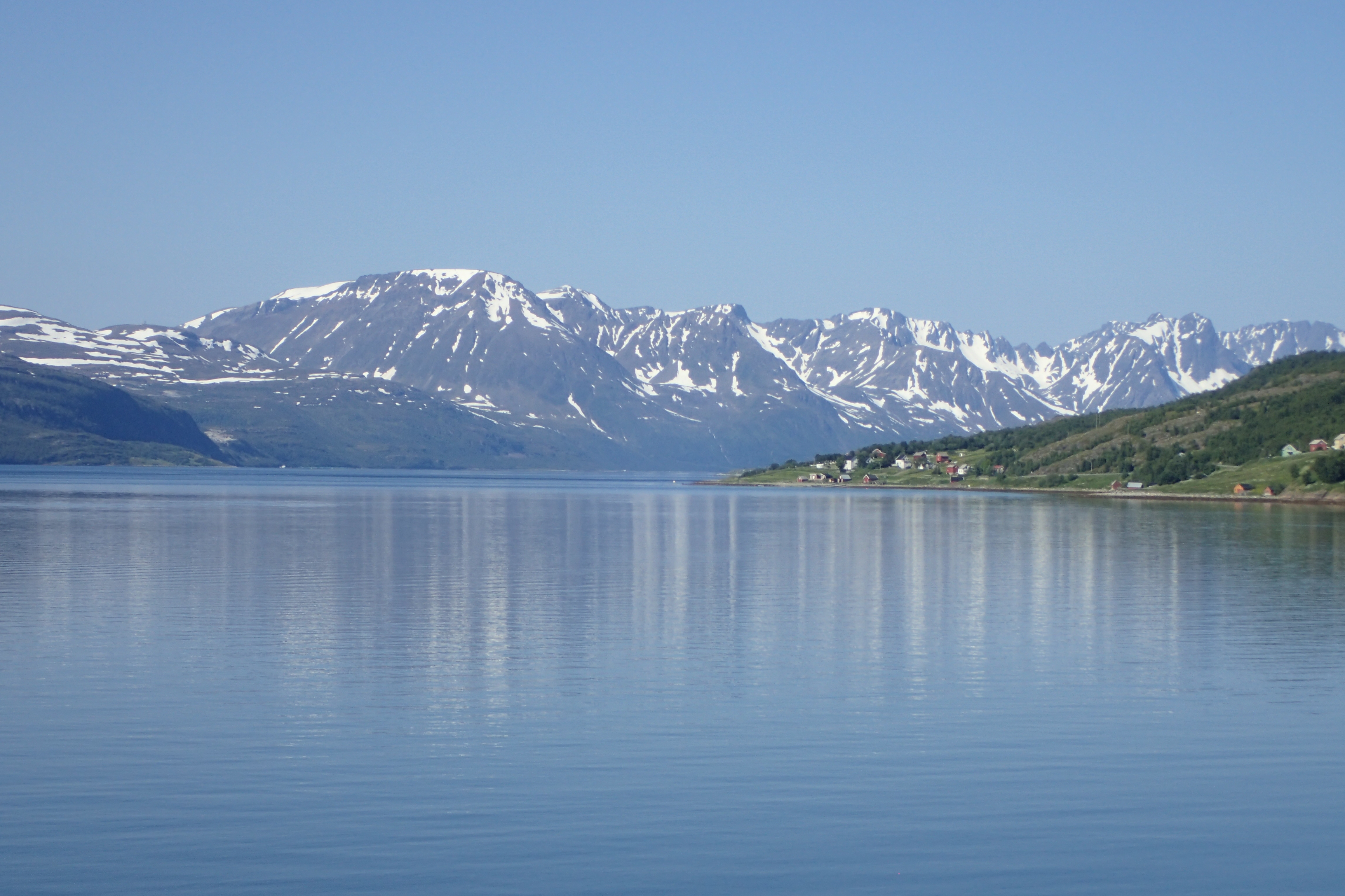 ruhiges Wasser im Fjord und immer wieder schneebedeckte Berge